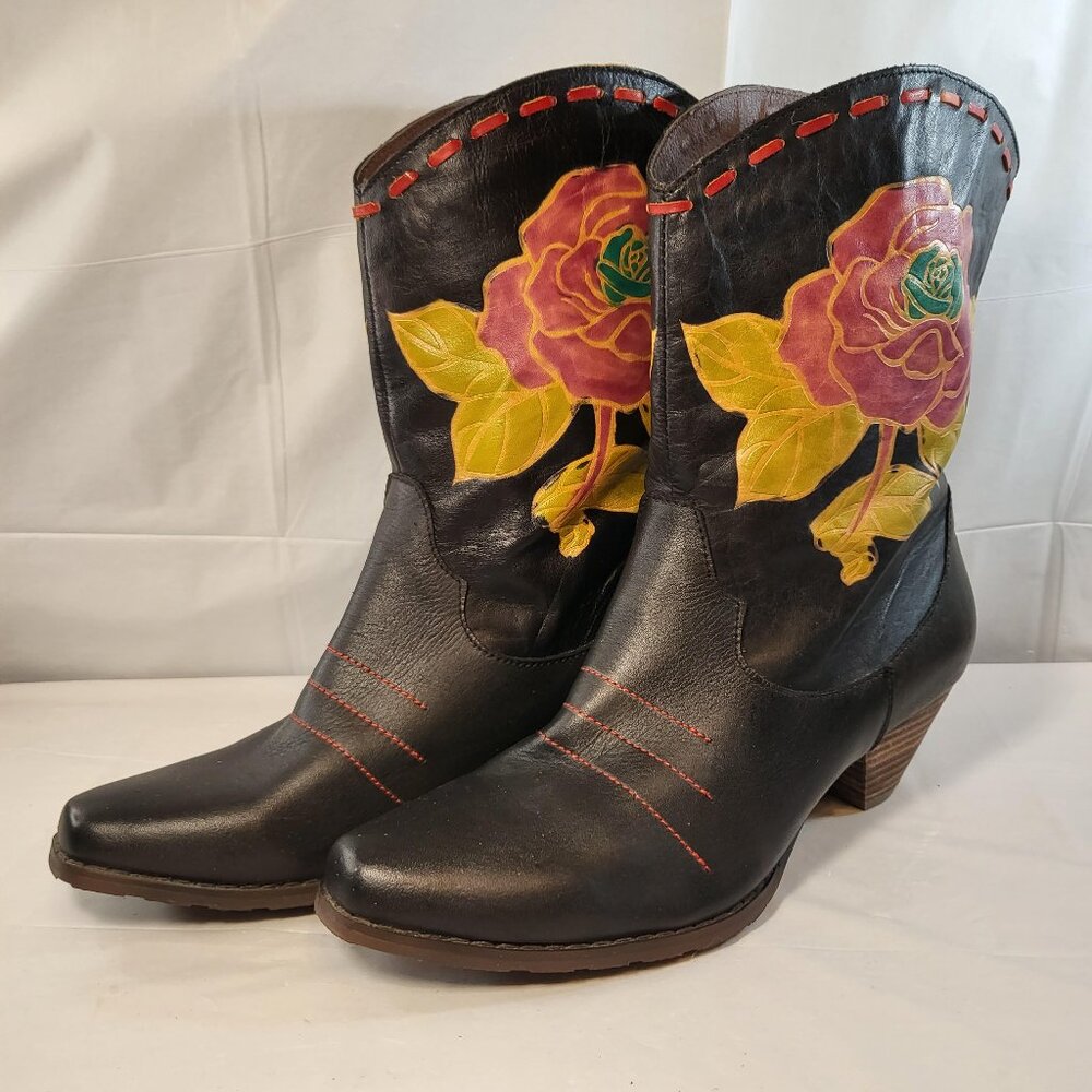 Spring Step L'artiste Aster Western Boots Size 38 EU Black Floral